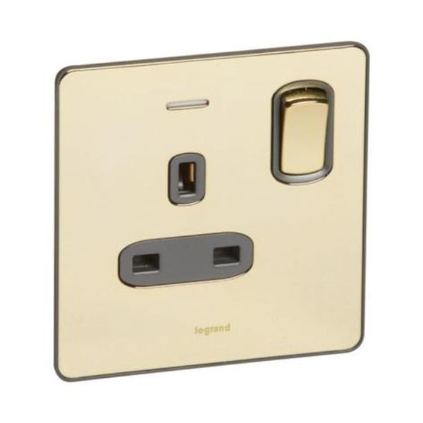 Synergy Sleek 1 gang switched single pole BS socket outlet 13A + blue led power indicator Glossy gold image 1