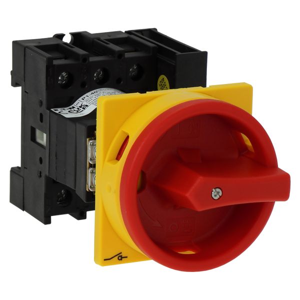 Main switch, P1, 40 A, rear mounting, 3 pole, 1 N/O, 1 N/C, Emergency switching off function, With red rotary handle and yellow locking ring, Lockable image 12