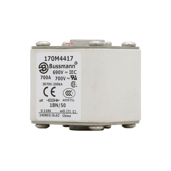 Fuse-link, high speed, 700 A, AC 690 V, size 1, 53 x 69 x 51 mm, aR, IEC, UL, single indicator, flush end, M8 image 11