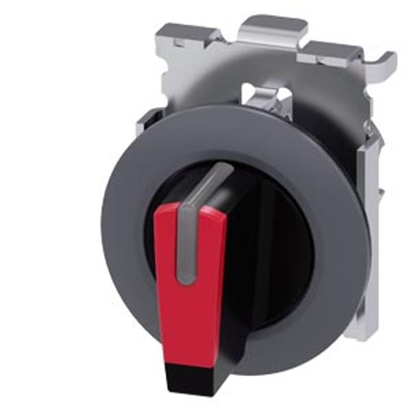 Selector switch, illuminable, 30 mm, round, Metal, matte, red, selector switch, short, front ring for flush installation, 3 switch positions I-O-II,  3SU1062-2DL20-0AA0-Z Y10 image 1