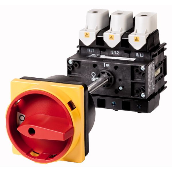 Main switch, P5, 160 A, rear mounting, 3 pole, 1 N/O, Emergency switching off function, With red rotary handle and yellow locking ring, Lockable in th image 1