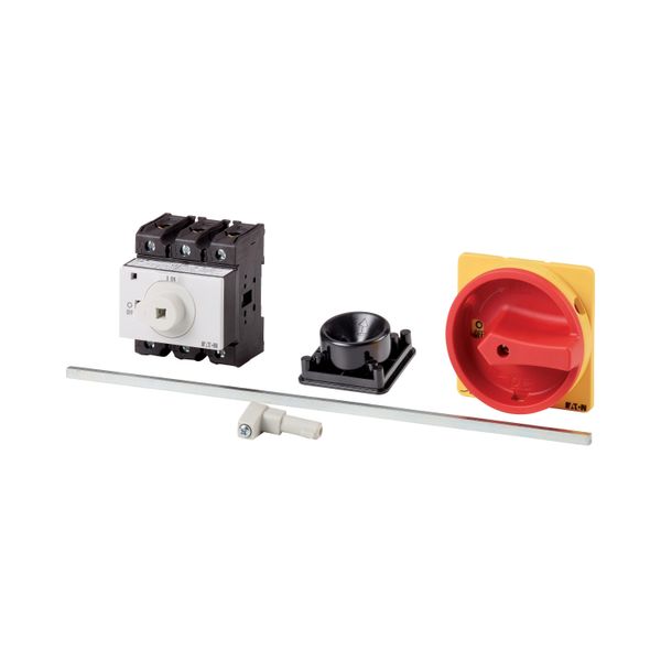 Main switch, P3, 100 A, rear mounting, 3 pole, Emergency switching off function, With red rotary handle and yellow locking ring, Lockable in the 0 (Of image 4