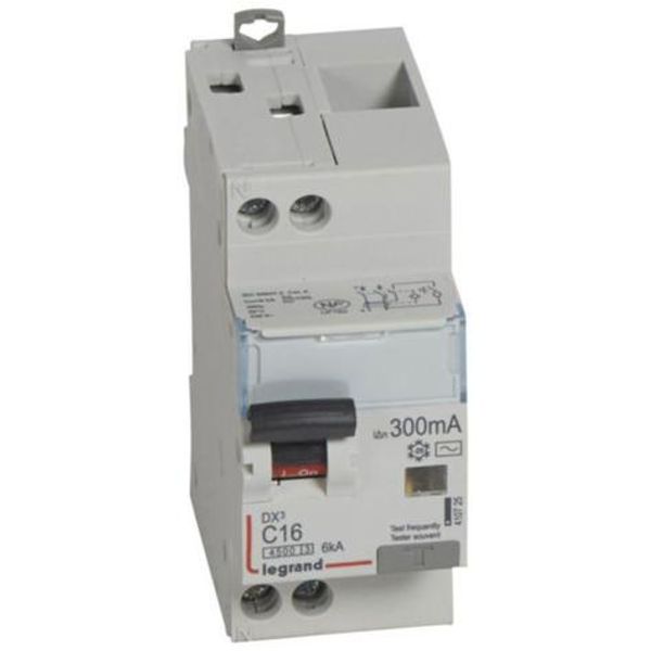 Differential circuit breaker DX³4500 high inlet and low outlet screw U+N 230V~ - 16A typeAC 300mA - curve C - 2 modules image 1