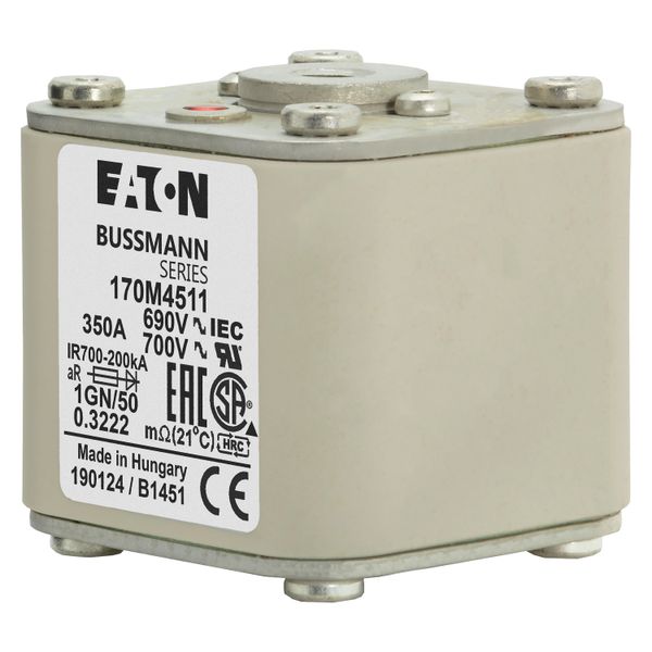 Fuse-link, high speed, 350 A, AC 690 V, size 1, 53 x 69 x 51 mm, aR, IEC, UL, single indicator, flush end, 18 UNC image 10