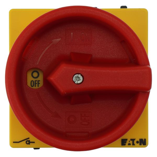Main switch, P1, 40 A, flush mounting, 3 pole, Emergency switching off function, With red rotary handle and yellow locking ring, Lockable in the 0 (Of image 38