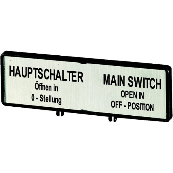 Clamp with label, For use with T0, T3, P1, 48 x 17 mm, Inscribed with standard text zOnly open main switch when in 0 positionz, Language German/Englis image 1