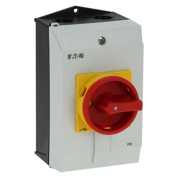 Main switch, P1, 40 A, surface mounting, 3 pole, Emergency switching off function, With red rotary handle and yellow locking ring, Lockable in the 0 ( image 10