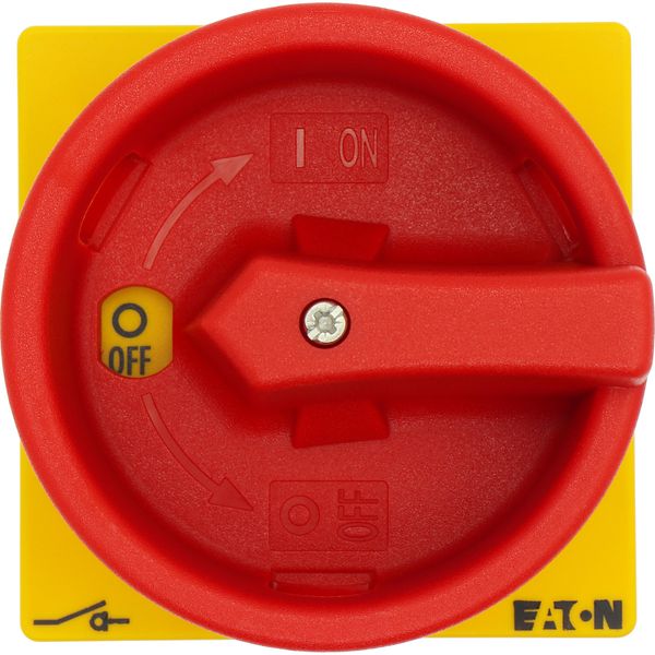 Main switch, P1, 25 A, rear mounting, 3 pole, Emergency switching off function, With red rotary handle and yellow locking ring, Lockable in the 0 (Off image 36