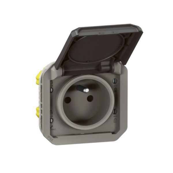 Socket with waterproof earth with Plexo shutter 16A 250V to be fitted with a box or an anthracite finish support plate image 1