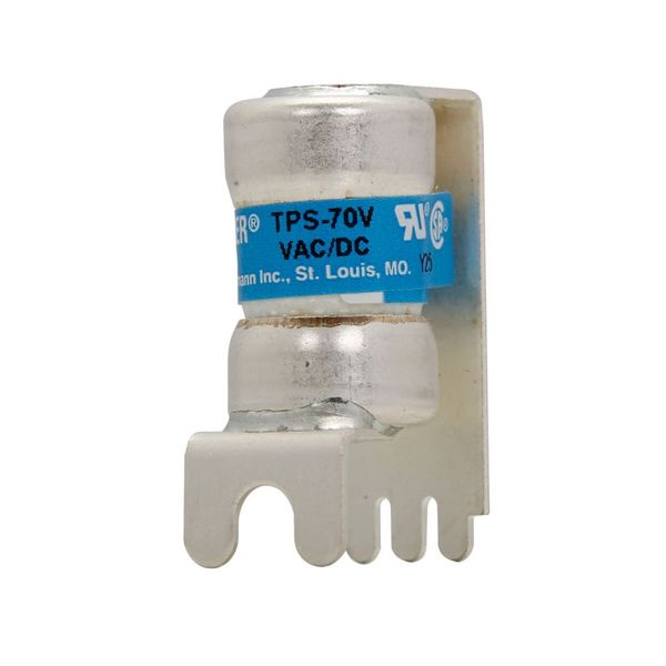 Eaton Bussmann series TPS telecommunication fuse, Vertical PCB tab, 170 Vdc, 70A, 100 kAIC, Non Indicating, Current-limiting, Non-indicating, Glass melamine tube, Silver-plated brass ferrules image 10