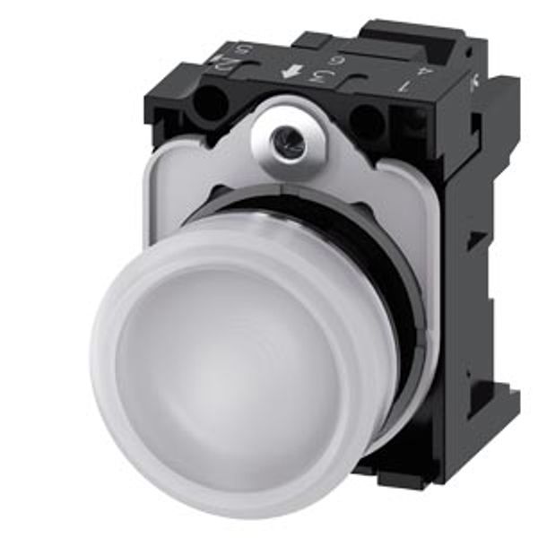 Indicator lights, 22 mm, round, metal, shiny, white, lens, smooth, with holder, LED module with integrated  3SU1153-6AA60-3AA0-Z Y13 image 1