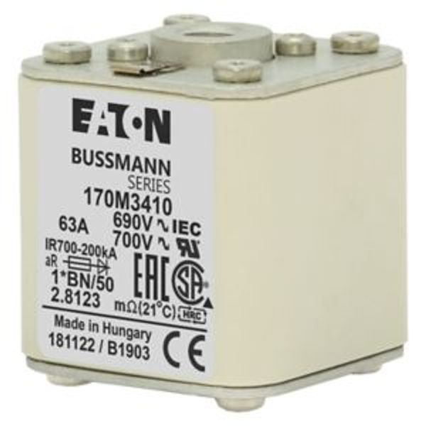 Fuse-link, high speed, 63 A, AC 690 V, compact size 1, 45 x 59 x 51 mm, aR, IEC, UL, single indicator, flush end, M8 image 14