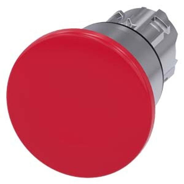 Mushroom pushbutton, 22 mm, round, metal, shiny, red, 40mm, latching, pull-to-unlatch mechanism, with laser labeling, upper case and lower case, always upper case image 1