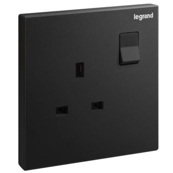 Galion - 1 gang British Standard switched single pole socket outlet - 13A - Matt Black image 1