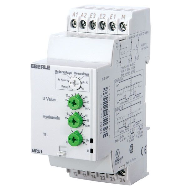 Voltage measuring relay UC 24...230V, 5A, 2 changeover contact, setting range UC 15...600V image 1