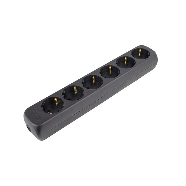 6 way socket outlet black, without any cable fixable on the wall, includes screws and covers for the screws packed in polybag with label image 1