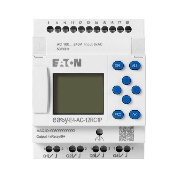 easyE4 control relay, basic unit with display (expandable, Ethernet), 100–240 VAC, 100–240 VDC (cULus: 100–110 VDC), digital inputs: 8, digital output image 5