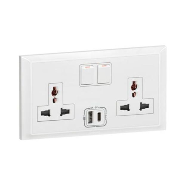 Socket 2 Gang 13A Switched + USB Type( A+C ) 7X14 White,  Legrand-Belanko S image 1