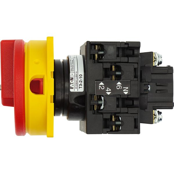 Main switch, T3, 32 A, flush mounting, 2 contact unit(s), 3 pole + N, Emergency switching off function, With red rotary handle and yellow locking ring image 24