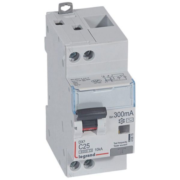 Monoblock differential circuit breaker DX³6000 10kA high inlet and low outlet U+N screw 230V~ - 25A - typeAC 300mA image 1