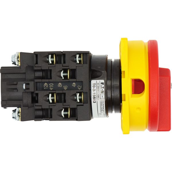Main switch, T0, 20 A, flush mounting, 3 contact unit(s), 3 pole, 2 N/O, 1 N/C, Emergency switching off function, With red rotary handle and yellow lo image 40