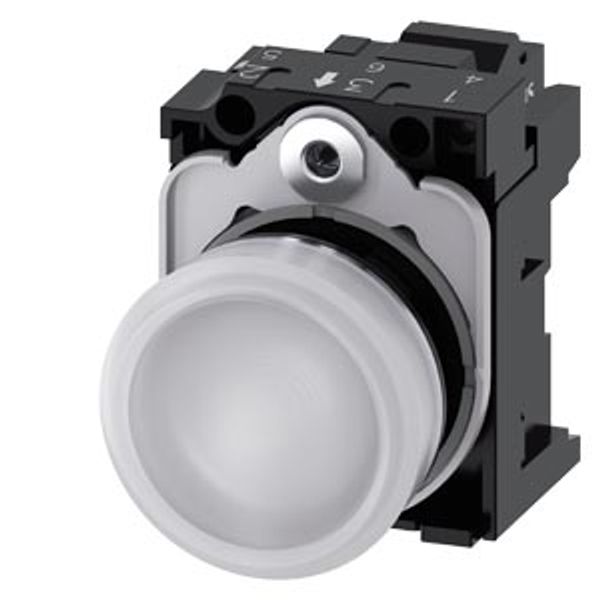 Indicator lights, 22 mm, round, metal, shiny, white, lens, smooth, with holder, LED module  3SU1152-6AA60-3AA0-Z Y11 image 1