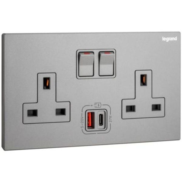 Galion - 2 gangs single pole switched socket outlets - with USB A+C 27W charger - Dark Silver image 1