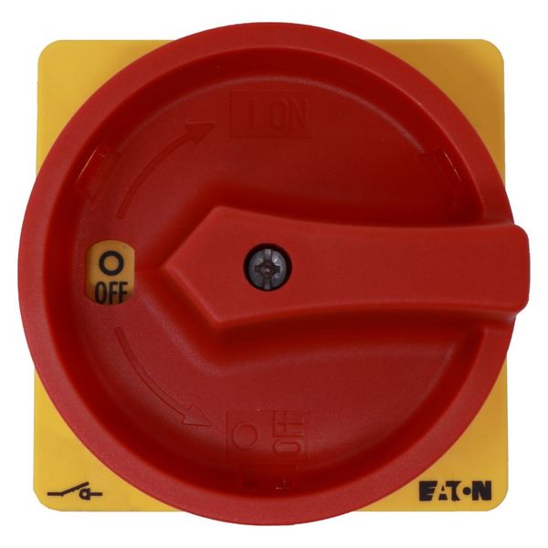 Main switch, P3, 100 A, rear mounting, 3 pole, Emergency switching off function, With red rotary handle and yellow locking ring, Lockable in the 0 (Of image 3