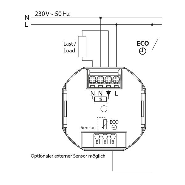 Flush-mounted thermostat as room controller, RAL9016 glossy 55x55, AC 230V, 10 A relay output 1 NO contact, white backlighting image 3