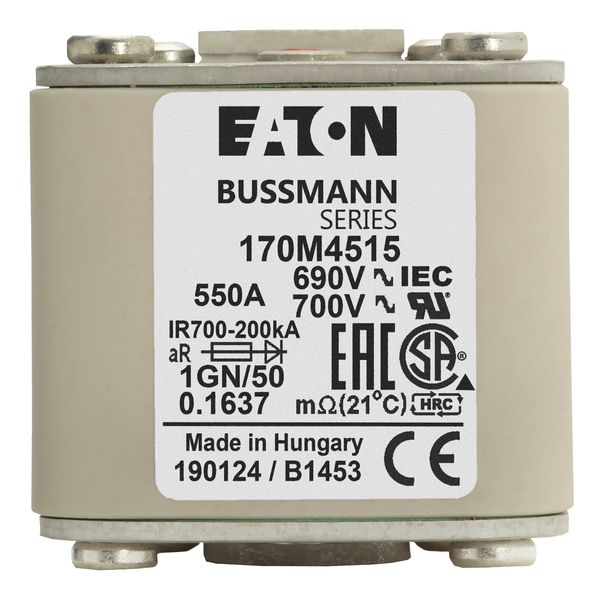 Fuse-link, high speed, 550 A, AC 690 V, size 1, 53 x 69 x 51 mm, aR, IEC, UL, single indicator, flush end, 18 UNC image 4