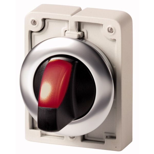 Illuminated selector switch actuator, RMQ-Titan, with thumb-grip, momentary, 3 positions, red, Front ring stainless steel image 1