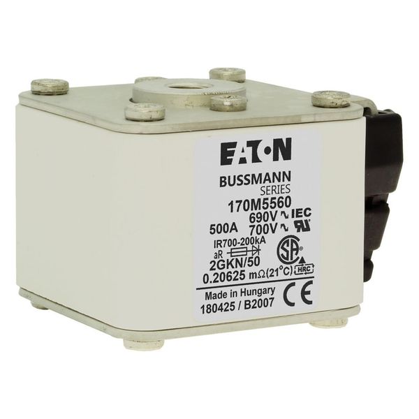 Fuse-link, high speed, 500 A, AC 690 V, size 2, 61 x 77 x 51 mm, aR, IEC, UL, type K indicator, flush end, 16 UNC image 25