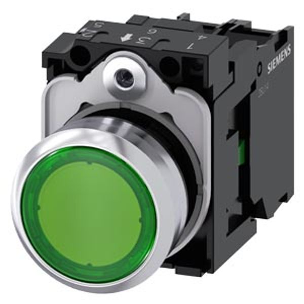 Illuminated pushbutton, 22 mm, round, metal, shiny, green, pushbutton, flat, momentary contact type, with holder, 1NO, LED module with integrated  3SU1152-0AB40-1BA0-Z Y19 image 2