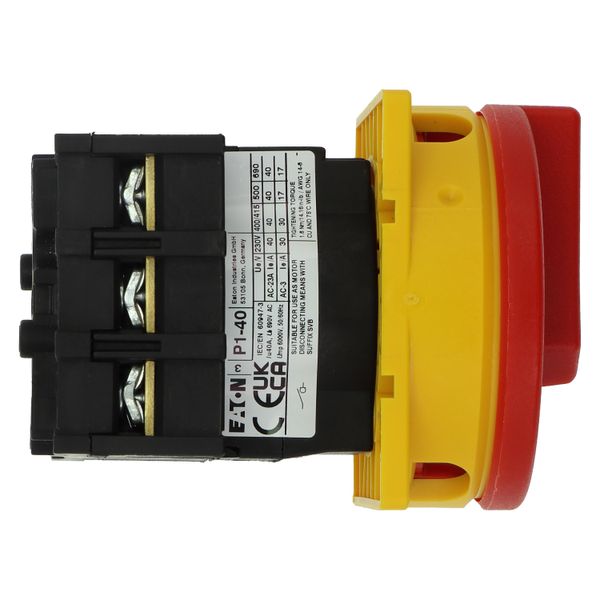 On-Off switch, P1, 40 A, flush mounting, 3 pole, Emergency switching off function, With red rotary handle and yellow locking ring, Lockable in the 0 ( image 15