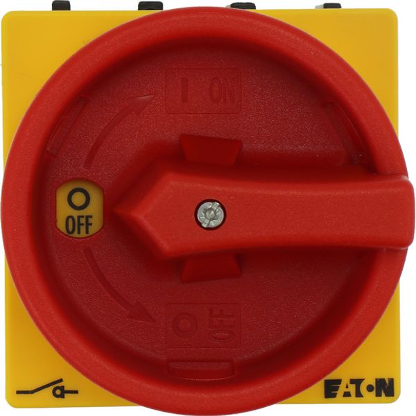 On-Off switch, P1, 40 A, flush mounting, 3 pole, Emergency switching off function, With red rotary handle and yellow locking ring, Lockable in the 0 ( image 1