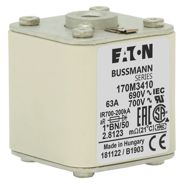 Fuse-link, high speed, 63 A, AC 690 V, compact size 1, 45 x 59 x 51 mm, aR, IEC, UL, single indicator, flush end, M8 image 20