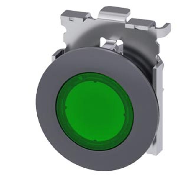 Illuminated pushbutton, 30 mm, round, Metal, matte, green, Front ring for flu... image 1