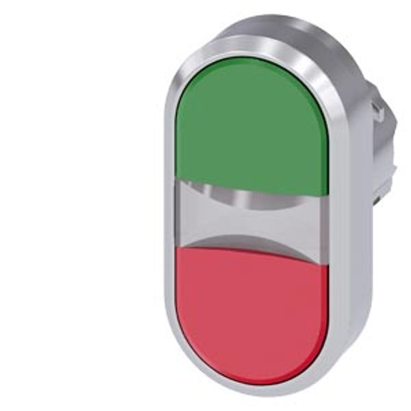 3SU1050-3AB42-0AA0-Z Y15 Twin pushbutton, 22 mm, round, metal, shiny, green, red, pushbuttons, flat, with laser labeling, upper case and lower case, always upper case at image 1