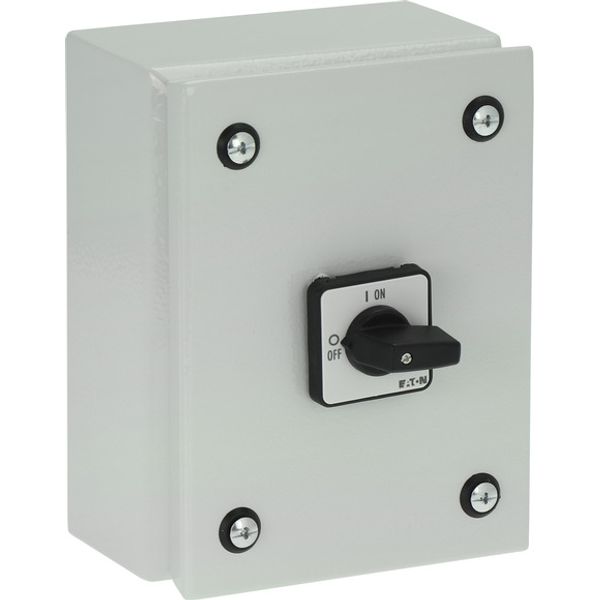 On-Off switch, P1, 40 A, 3 pole + N, surface mounting, with black thumb grip and front plate, in steel enclosure image 2