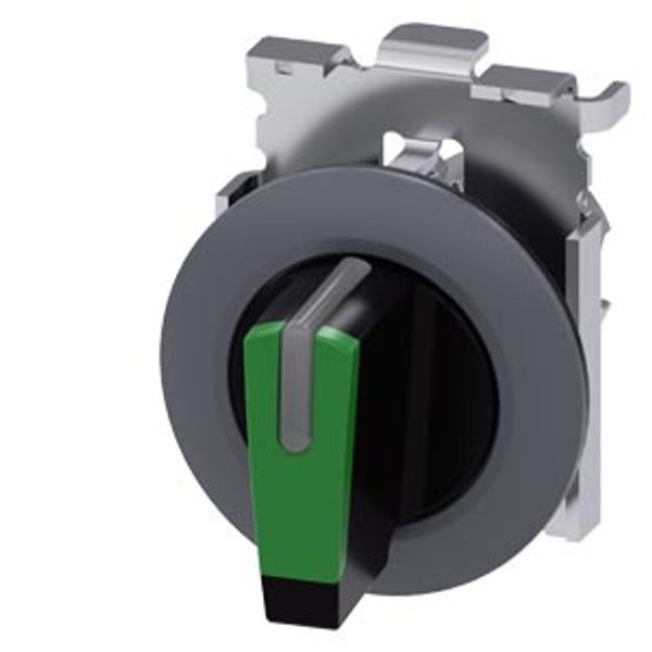 Selector switch, illuminable, 30 mm, round, Metal, matte, green, selector switch, short, front ring for flush installation, 3 switch positions I-O-II,  3SU1062-2DL40-0AA0-Z Y15 image 2