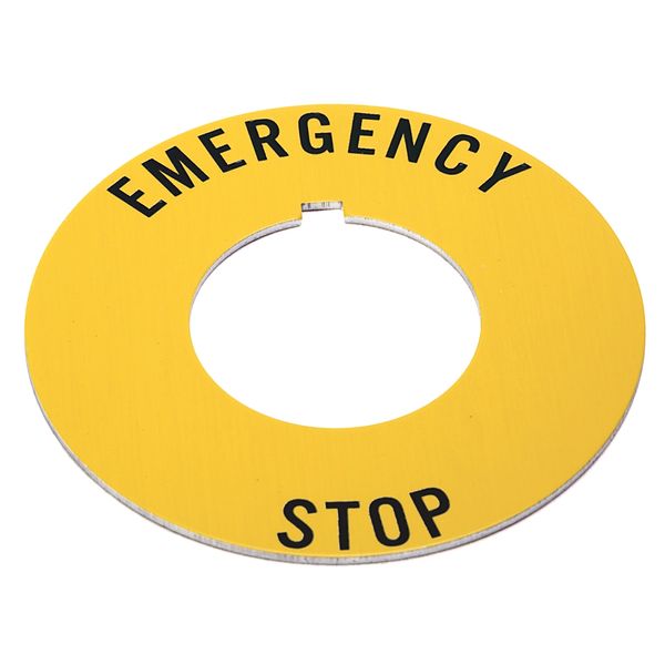 Legend Plate, Yellow IEC Ring, Red Text, "EMERGENCY STOP" image 1