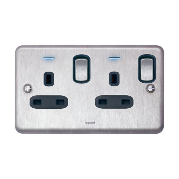 Synergy Authentic 2 Gang 13A Double Pole Switched Socket Outlet with LED Power Indicators Brushed Stainless Steel image 1