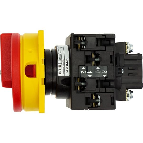 Main switch, T3, 32 A, flush mounting, 2 contact unit(s), 4 pole, Emergency switching off function, With red rotary handle and yellow locking ring image 8