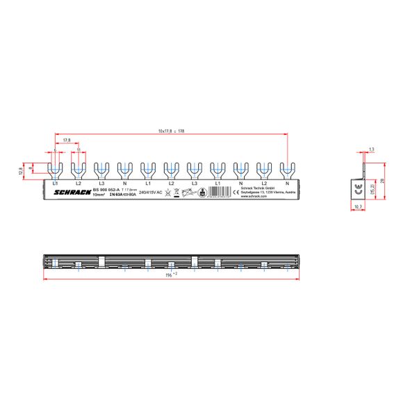 Busbar, 1xRCCB 4-pole, 1xMCB 3-pole, 2xMCB 1+N, 11MW, 10mmý image 8