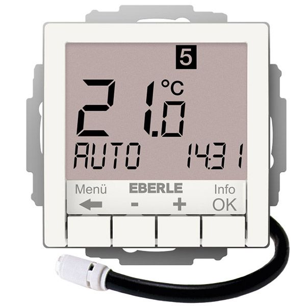 Clock thermostat for controlling electrical temperature control systems, RAL9010 glossy 55x55, AC 230V, 1 NO contact 16 A, white backlighting image 1