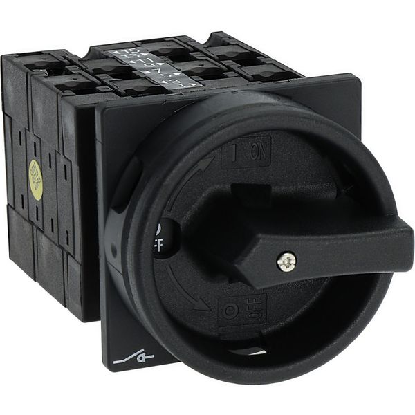 Main switch, T3, 32 A, flush mounting, 4 contact unit(s), 6 pole, 1 N/O, 1 N/C, STOP function, With black rotary handle and locking ring, Lockable in image 20
