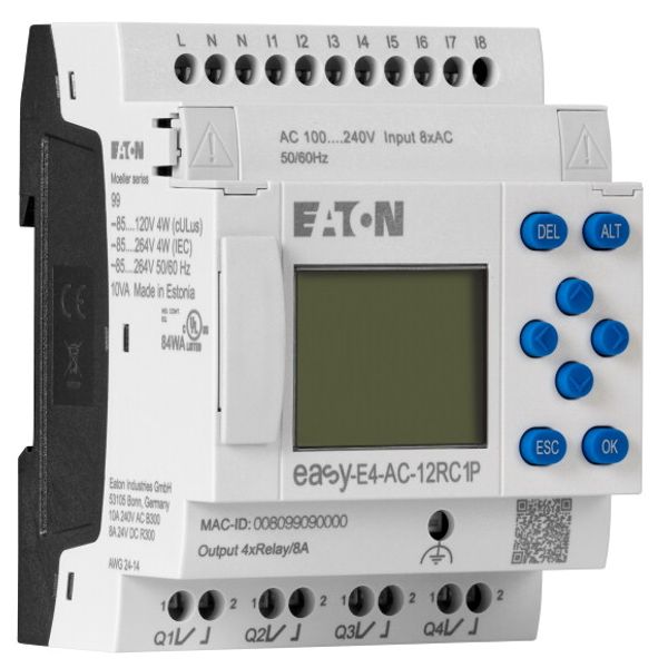 easyE4 control relay, basic unit with display (expandable, Ethernet), 100–240 VAC, 100–240 VDC (cULus: 100–110 VDC), digital inputs: 8, digital output image 4