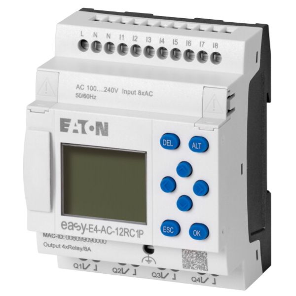easyE4 control relay, basic unit with display (expandable, Ethernet), 100–240 VAC, 100–240 VDC (cULus: 100–110 VDC), digital inputs: 8, digital output image 3