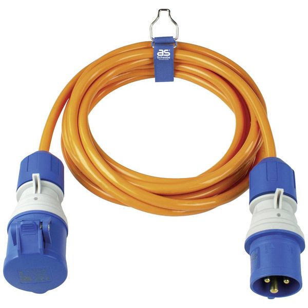 CEE extension 5m, orange
5m PUR cable H07BQ-F 3G2.5, in orange signal color
with CEE plug "powerlight" and CEE coupling "powerlight" with phase indication 230V/16A/3-pole/6h image 1