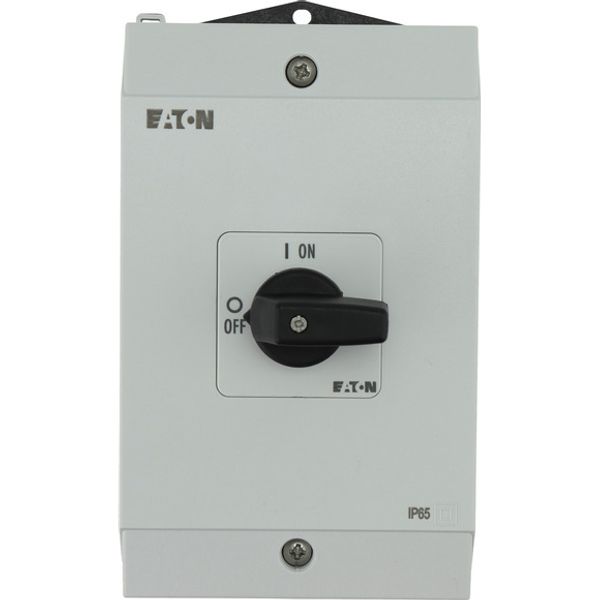 On-Off switch, P1, 40 A, surface mounting, 3 pole, with black thumb grip and front plate, hard knockout version image 1